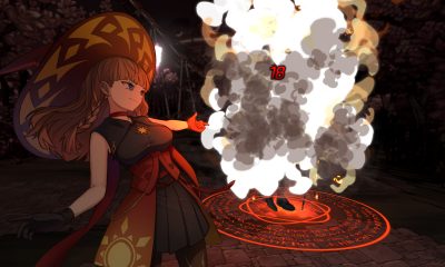 A character in a fiery dress dealing damage to an enemy in anime RPG Chrono Ark.