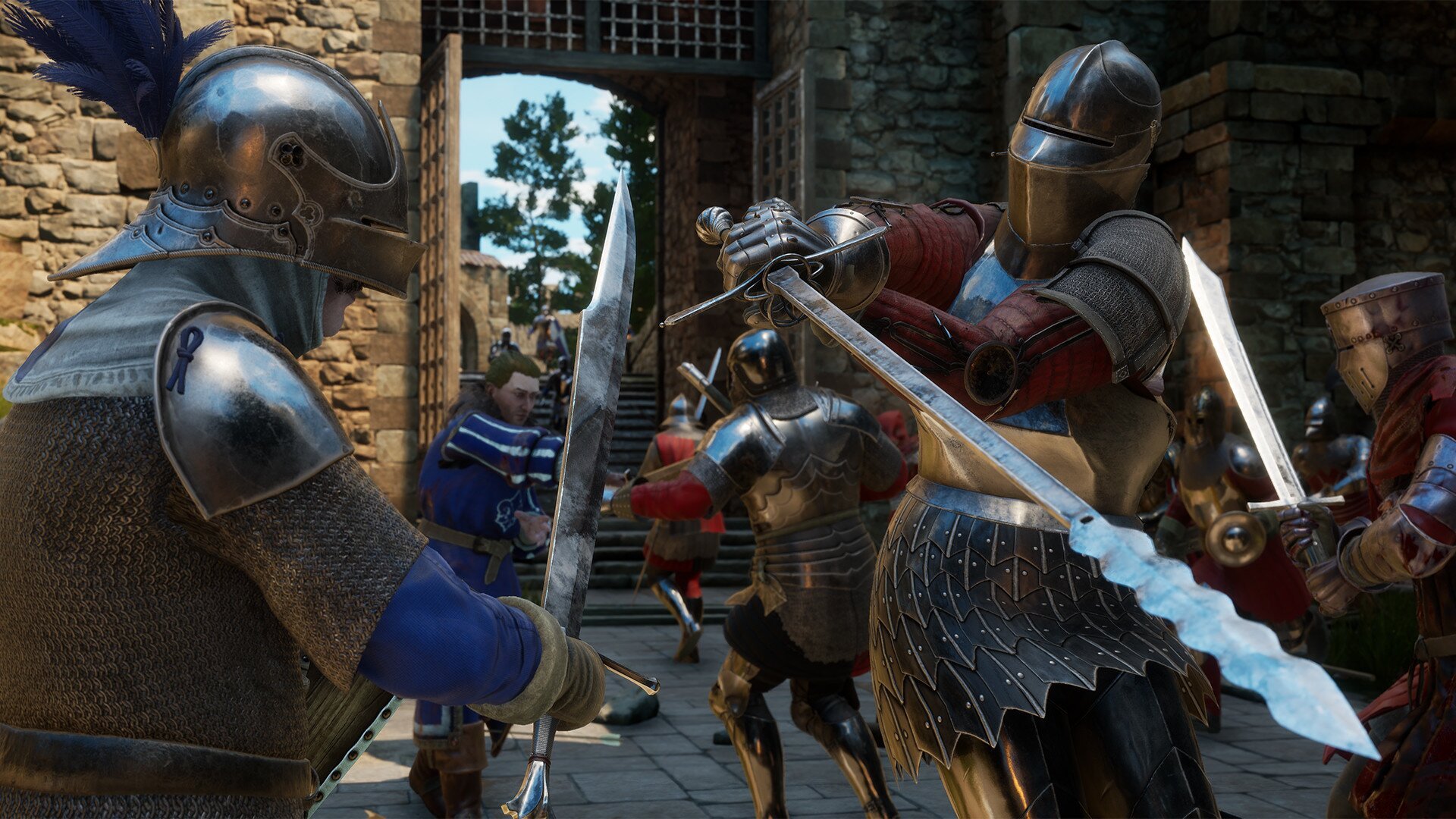 Medieval knights engage in intense sword combat in fighting game on PS5