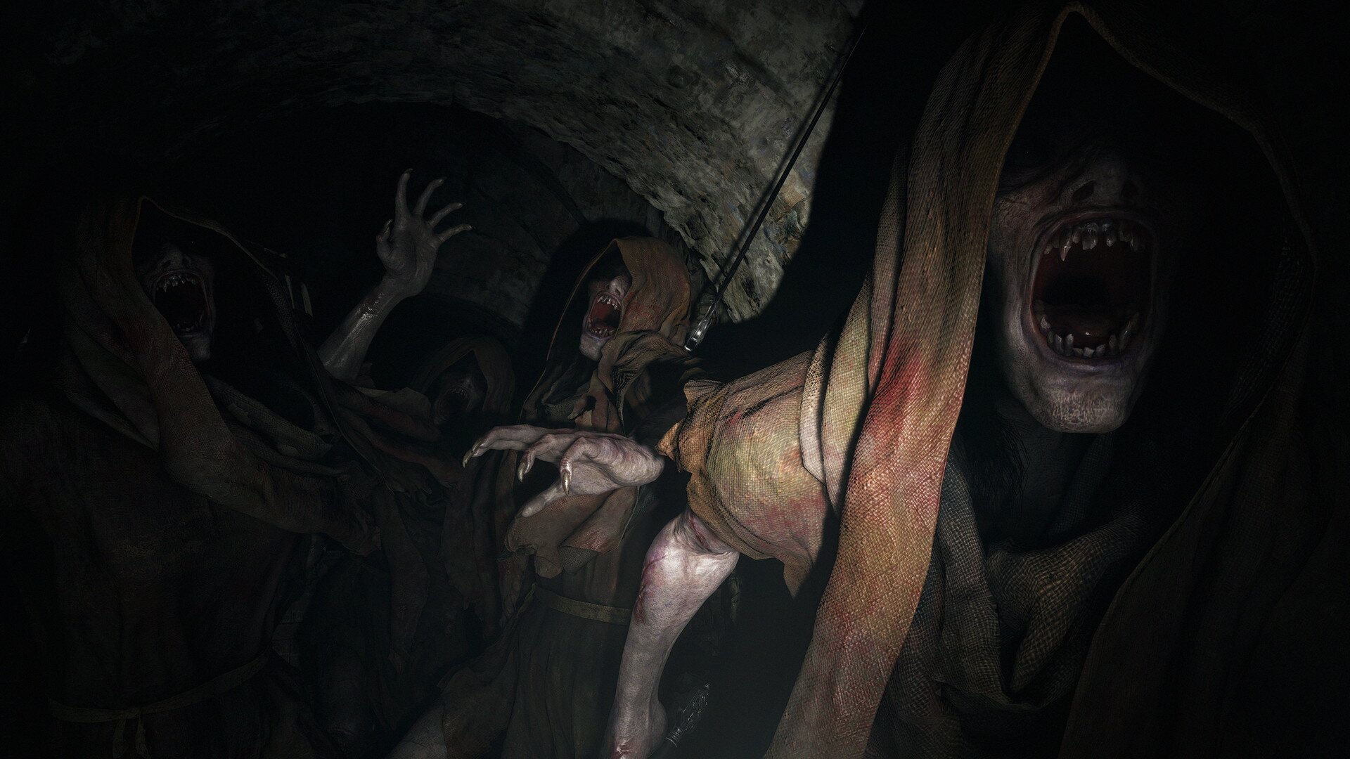 Hooded creatures with sharp teeth attack in horror game on PlayStation 5