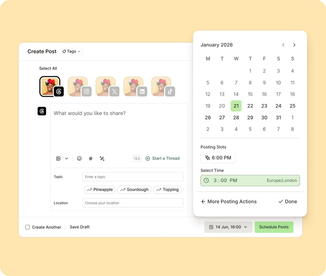 Buffer's post composer alongside a calendar for scheduling content at optimized posting times.