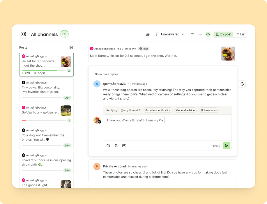 Buffer social media automation engagement inbox showing comments and replies across channels for the AmazingDoggos account, with AI-suggested reply options and a draft response