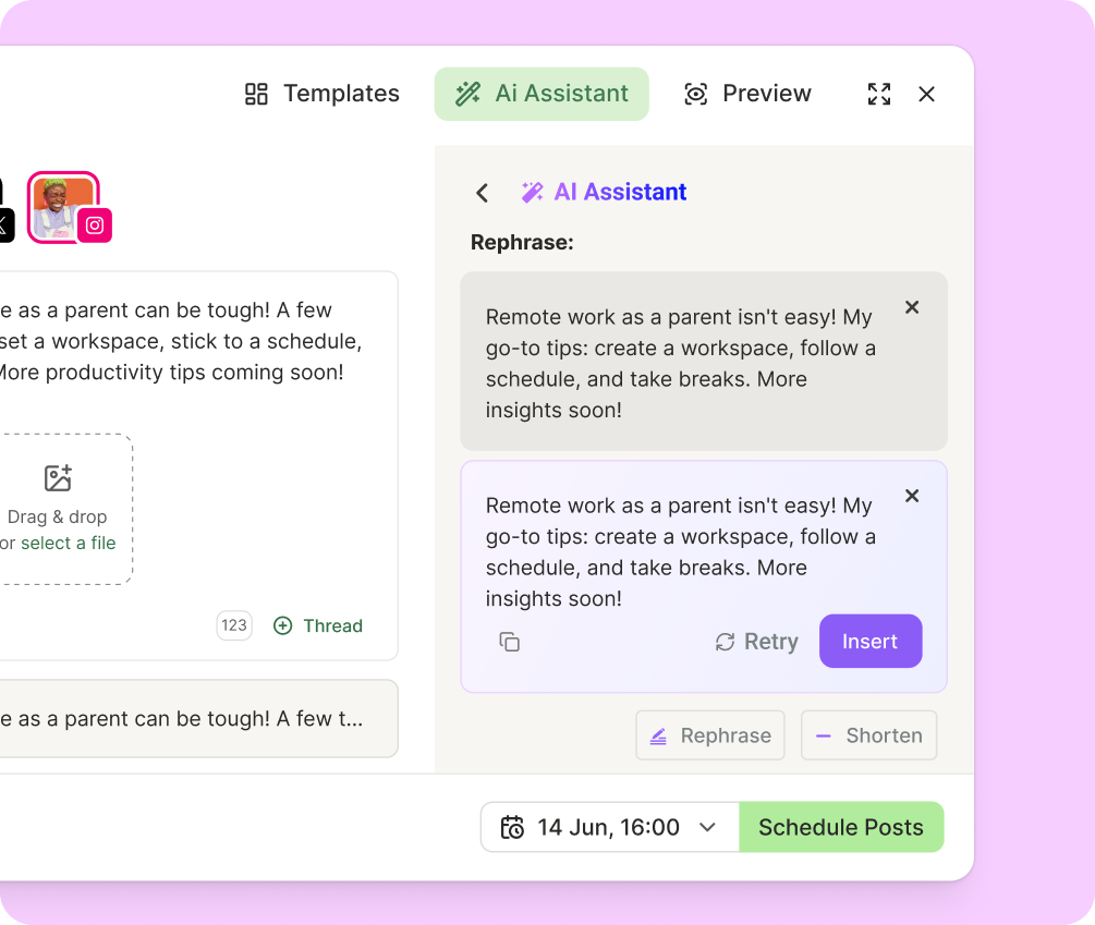 Buffer social media automation AI Assistant rephrasing a post about remote work tips for parents, with Rephrase and Shorten options and a 14 June schedule button