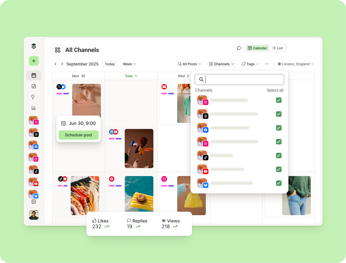 Buffer social media automation calendar view showing September 2025 posts across Instagram, TikTok, YouTube and more, with a channels filter open and engagement metrics for likes, replies and views
