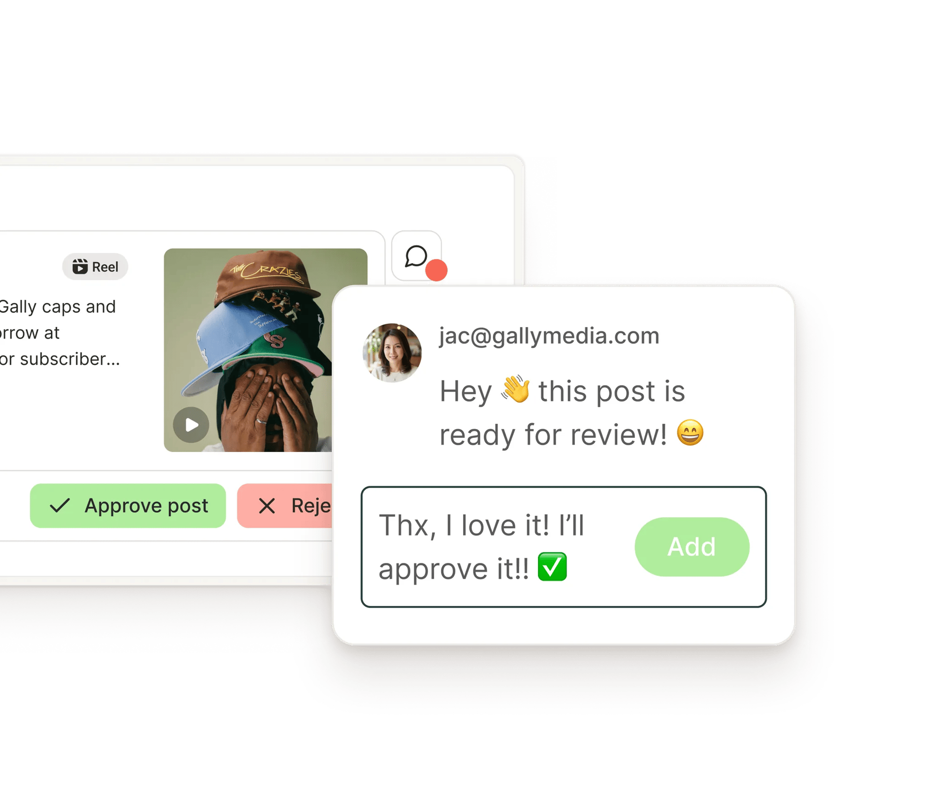 Buffer approvals view with a comment thread, and options to approve or reject a post.