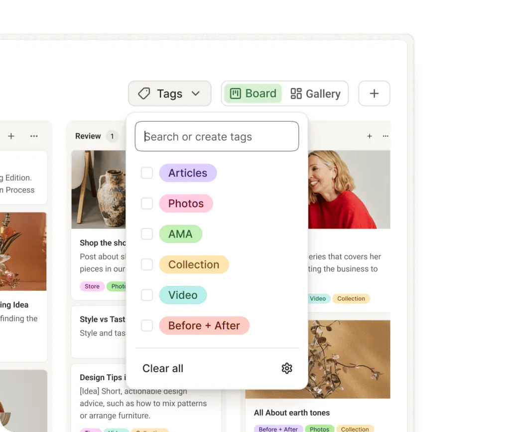 Buffer tag management view with an add tag drop down featuring custom tags and colors.