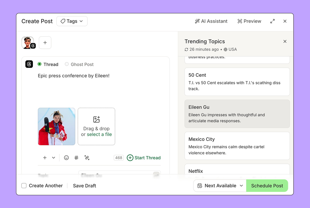 Buffer dashboard showing the Trending Topics feature for discovering viral conversations and creating timely social media marketing posts.