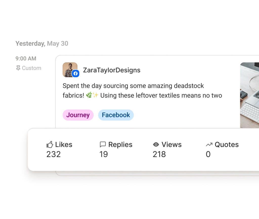 Facebook post surrounded by graphs for followers, engagement rate, and recommended best day to post, best type of post, and best frequency to post.