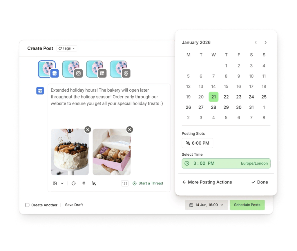 Buffer calendar view with a drag and drop interface for scheduling What's New, Offer, and Event Type posts.