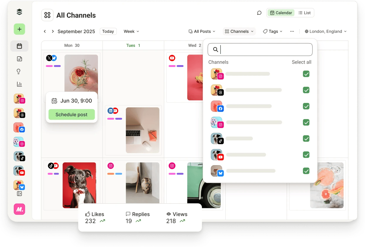 Buffer calendar and queue with posts scheduled across every client channel.
