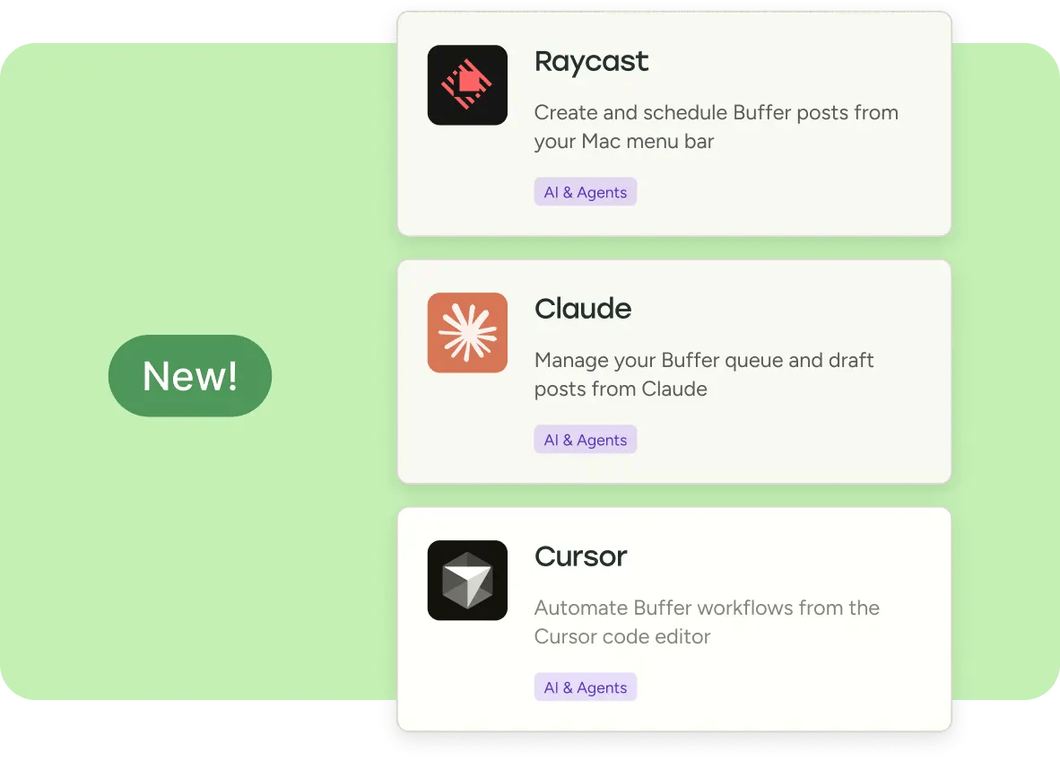 Integration cards showing Raycast, Claude, and Cursor