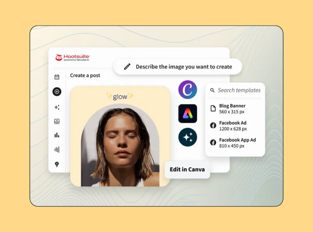 Hootsuite social media automation tool showing an AI image generator with a "Describe the image you want to create" prompt and Canva, Adobe, and template integrations