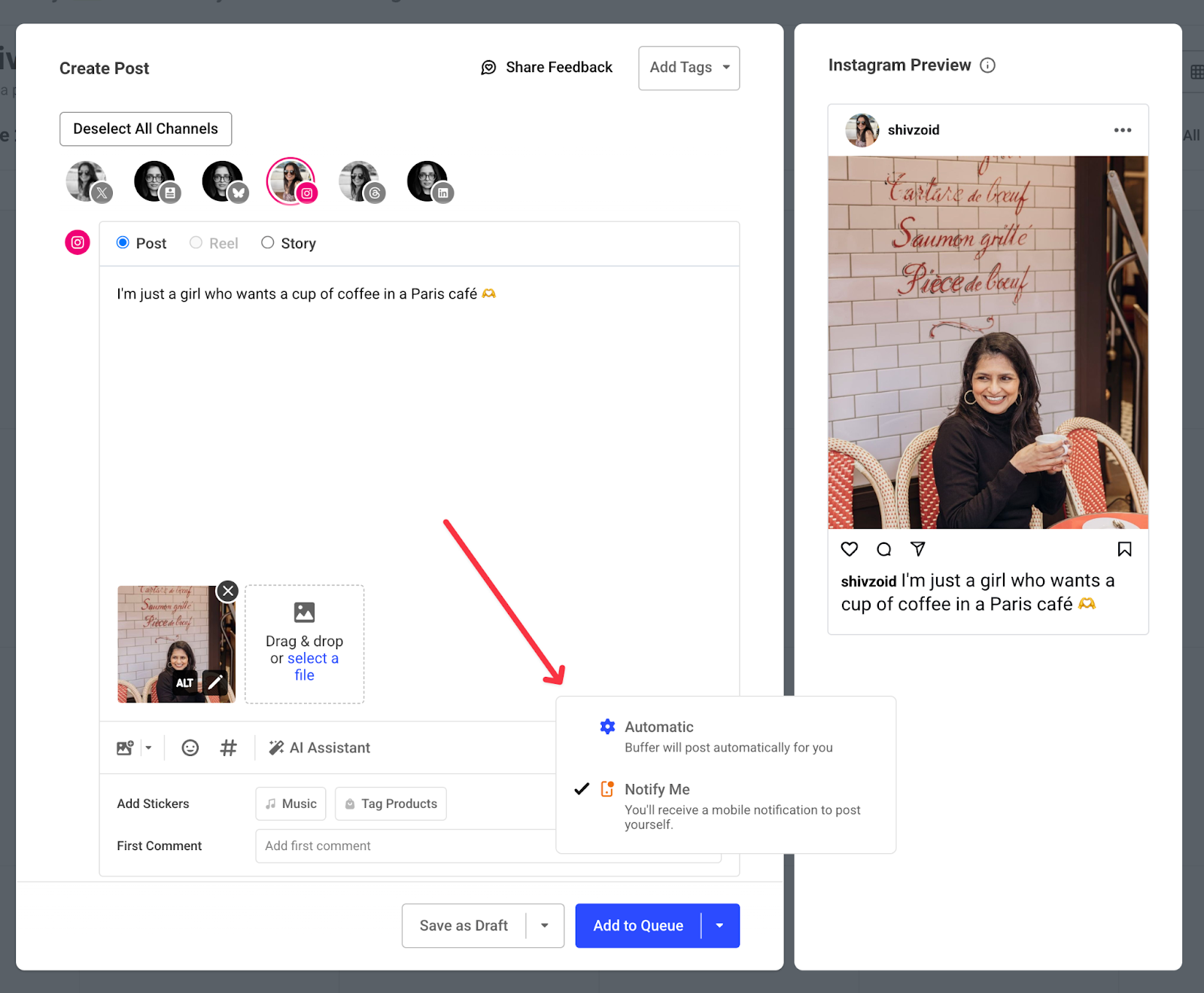 Screenshot showing how notification posting for Instagram works in buffer