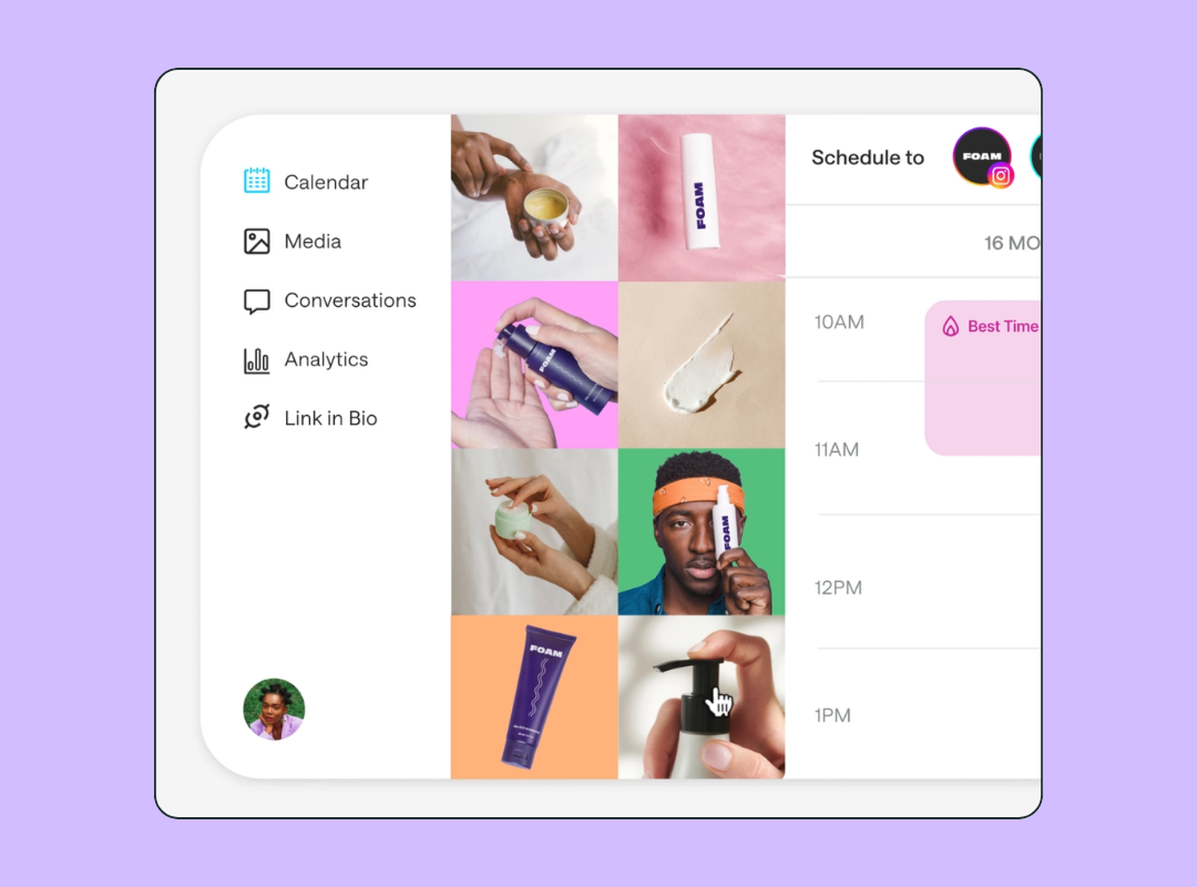 Later social media automation platform showing a content grid of beauty product posts alongside a scheduling panel with "Best Time" suggestions and calendar slots