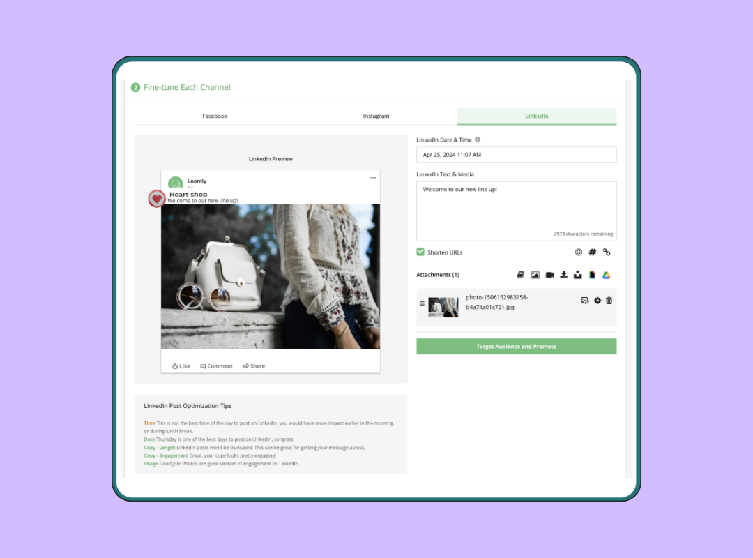 Loomly social media automation tool showing a LinkedIn post preview with channel fine-tuning options, post optimization tips, and a Target Audience and Promote button