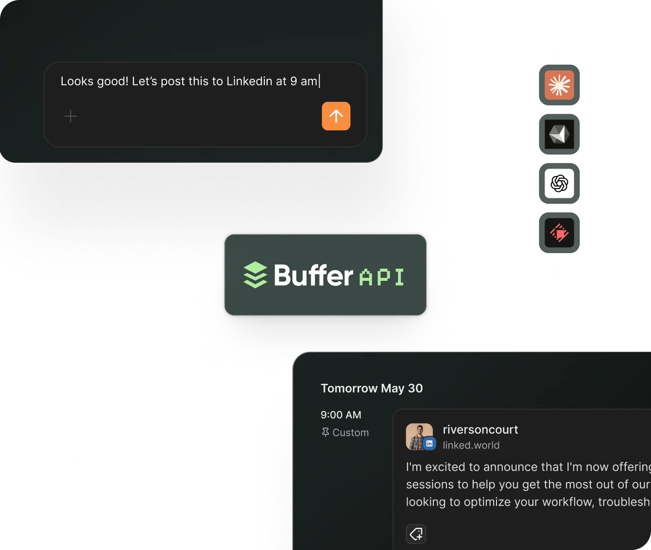 Buffer MCP server interface with content drafts ready for AI-assisted publishing.