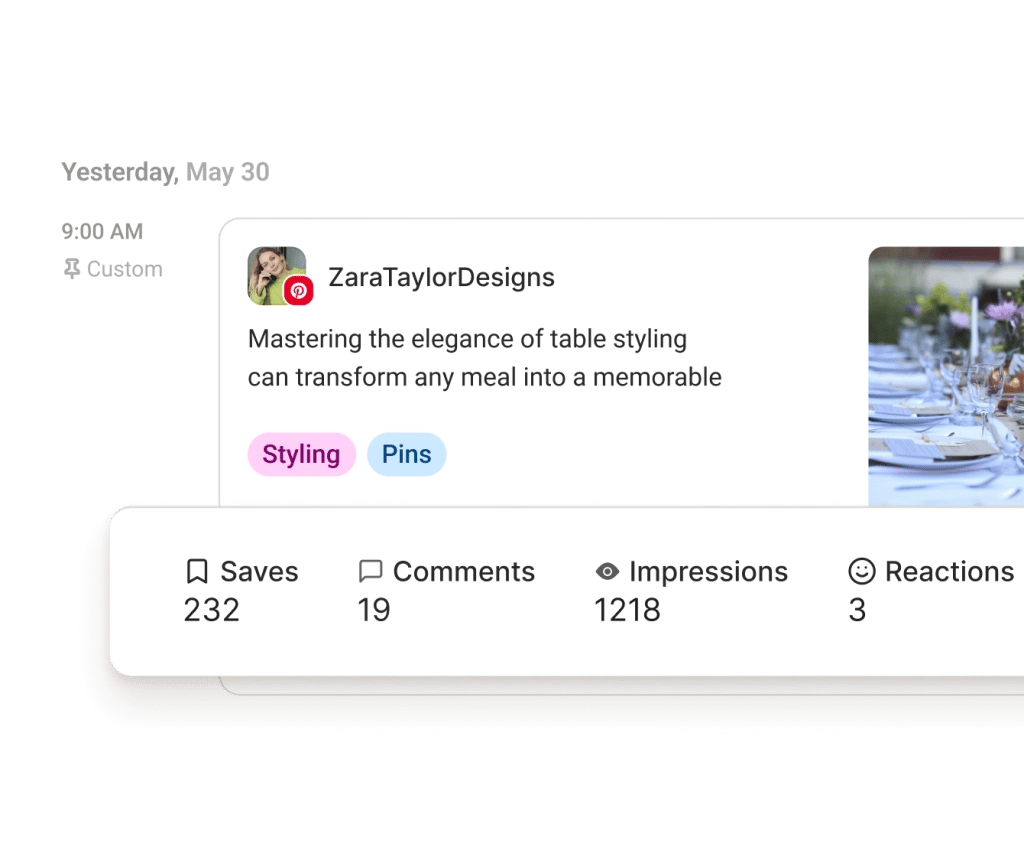 A post on Pinterest surrounded by graphs for followers, engagement rate, and recommendations for best day, type and frequency to post.