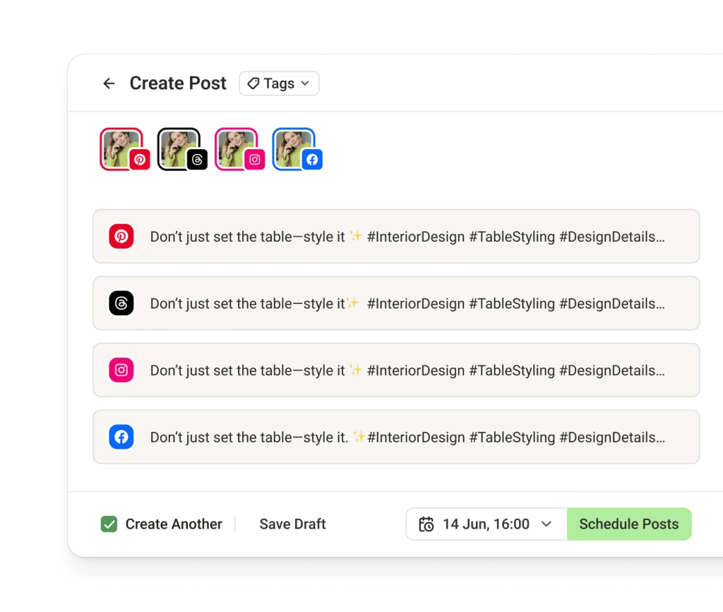 The Buffer Crosspost view with dedicated text editors for multiple social media channels, including Pinterest.