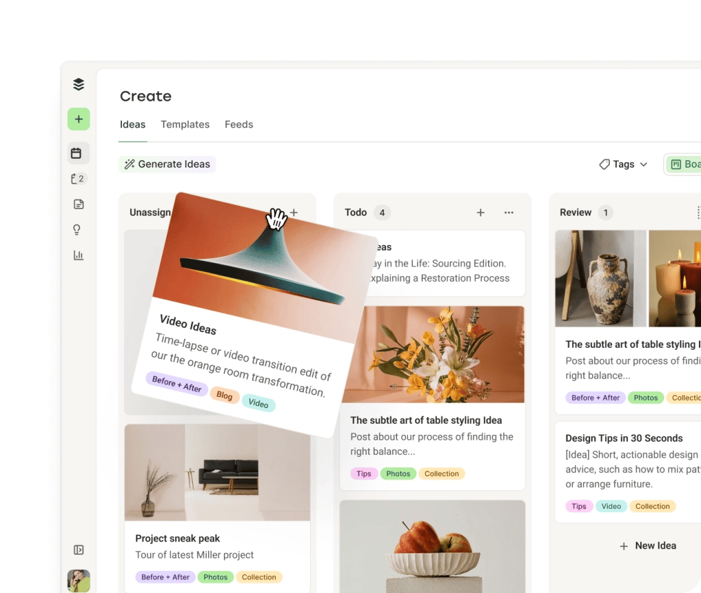 The Buffer Create space with kanban columns for posts by category and an AI Assistant for generating ideas.