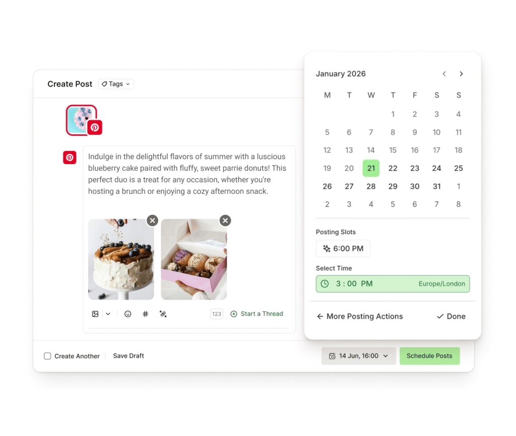 The Buffer Create view for Pinterest with a rich text editor, image attachment, and post scheduling controls.