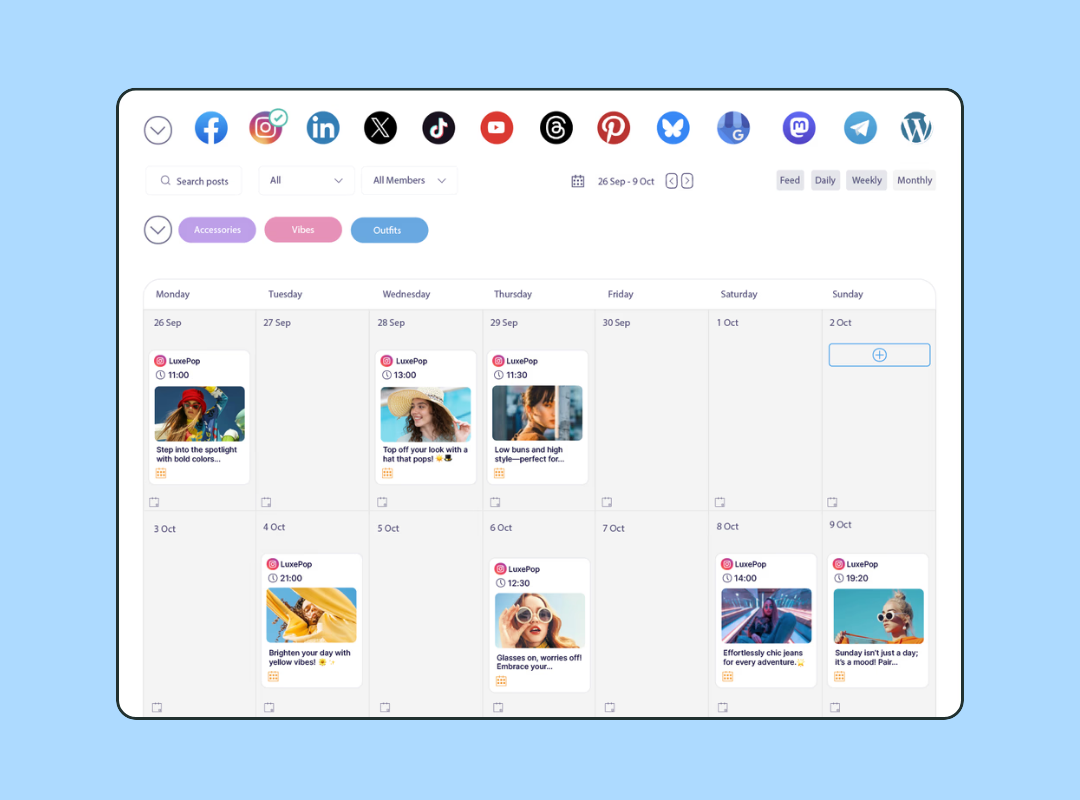 Publer social media automation tool showing a weekly content calendar with posts scheduled across 13 platforms including Facebook, Instagram, TikTok, and Threads
