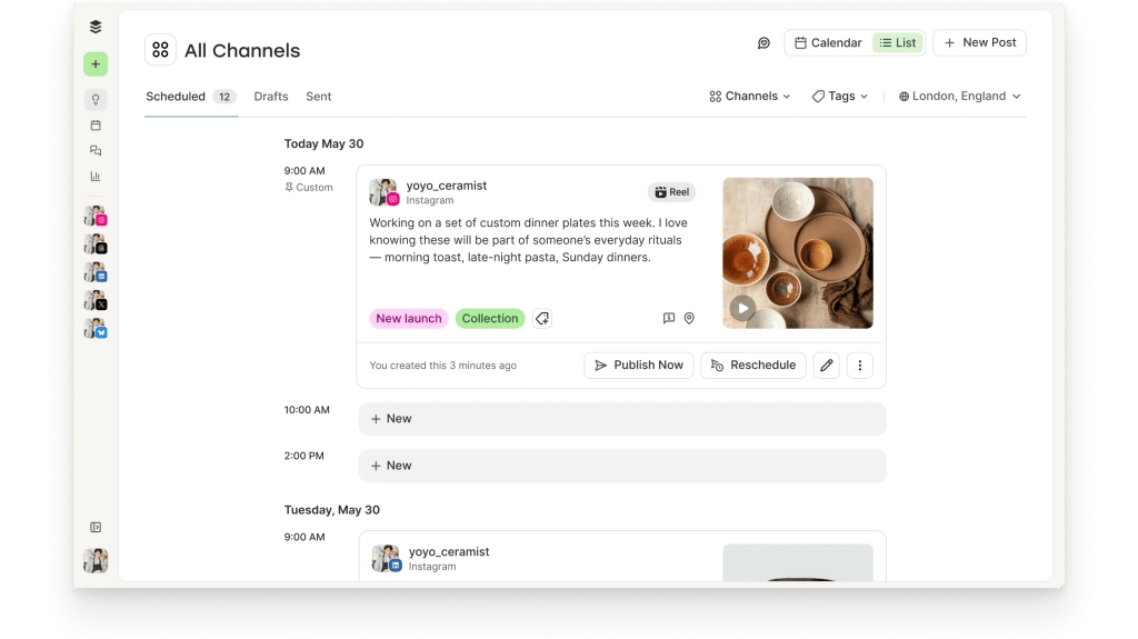 Buffer Publish view with List and Calendar options to view scheduled posts.