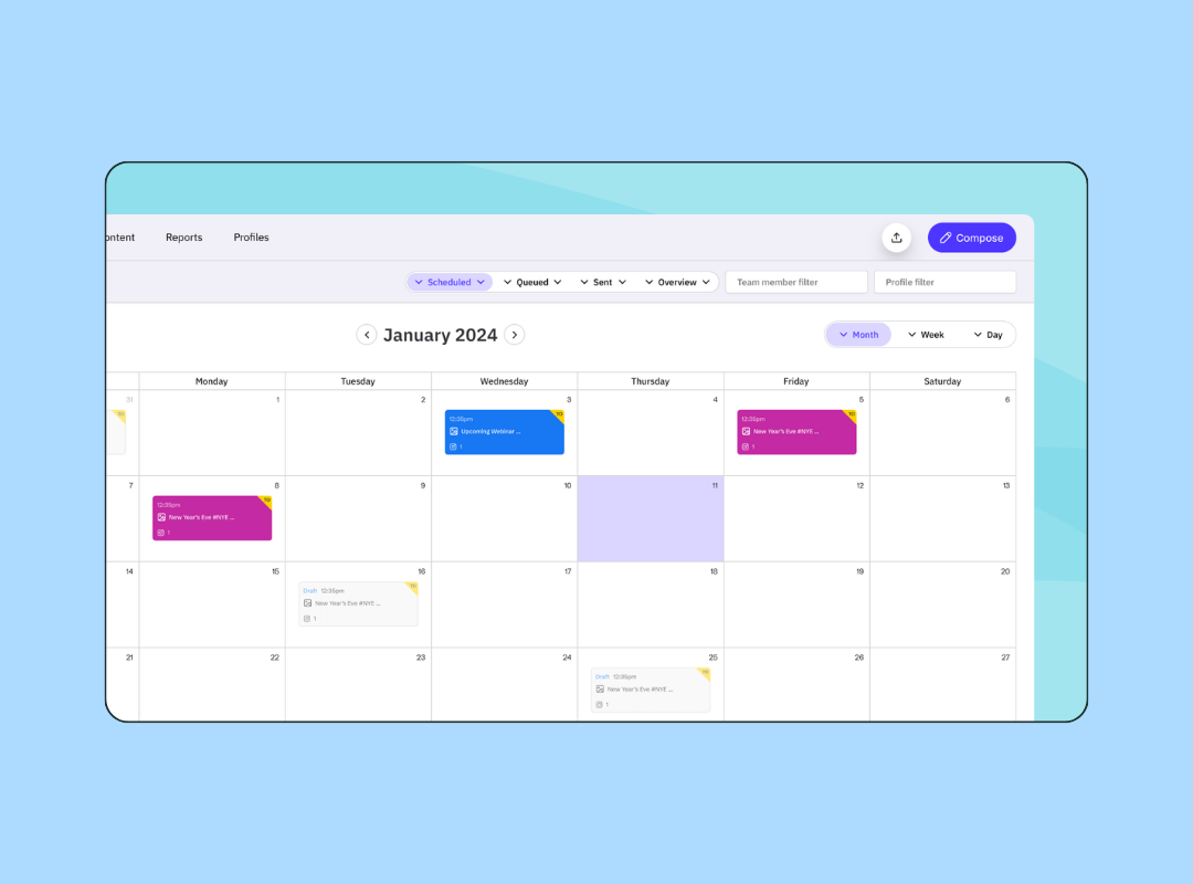 Sendible social media automation dashboard showing a January 2024 monthly calendar view with scheduled, queued, and draft posts colour-coded across the month