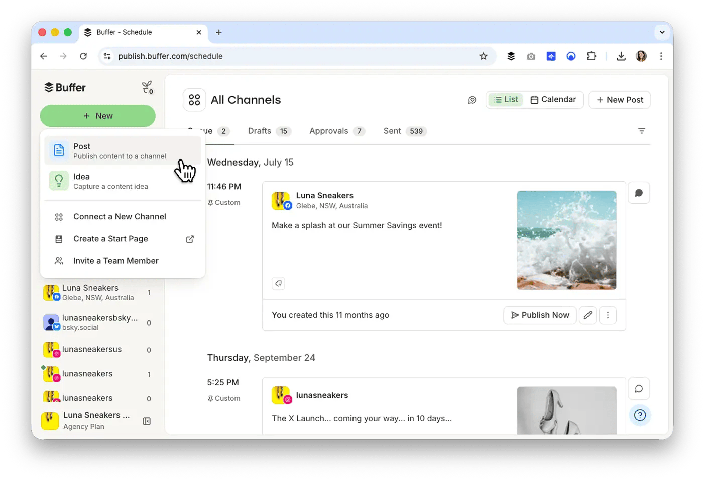 Buffer schedule page with the + New menu open, showing the Post option