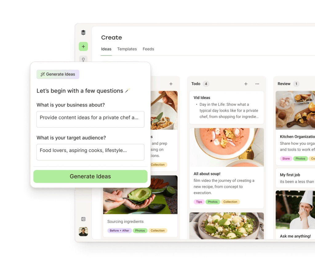 Buffer Create space with ideas in columns by category and an AI assistant to generate ideas.