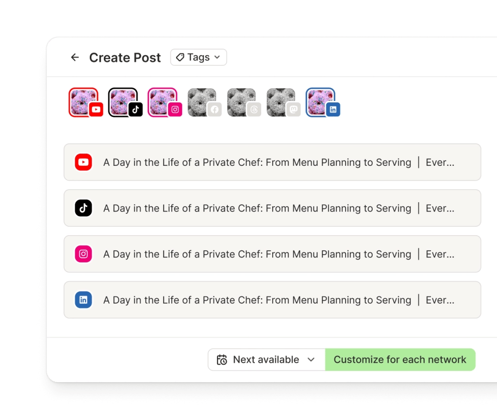 Buffer crosspost view with several social media channels and dedicated text editors per channel.