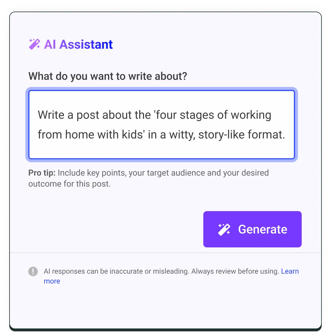 Generatore di post per i social AI Assistant di Buffer con un editor di testo e consigli per i prompt.
