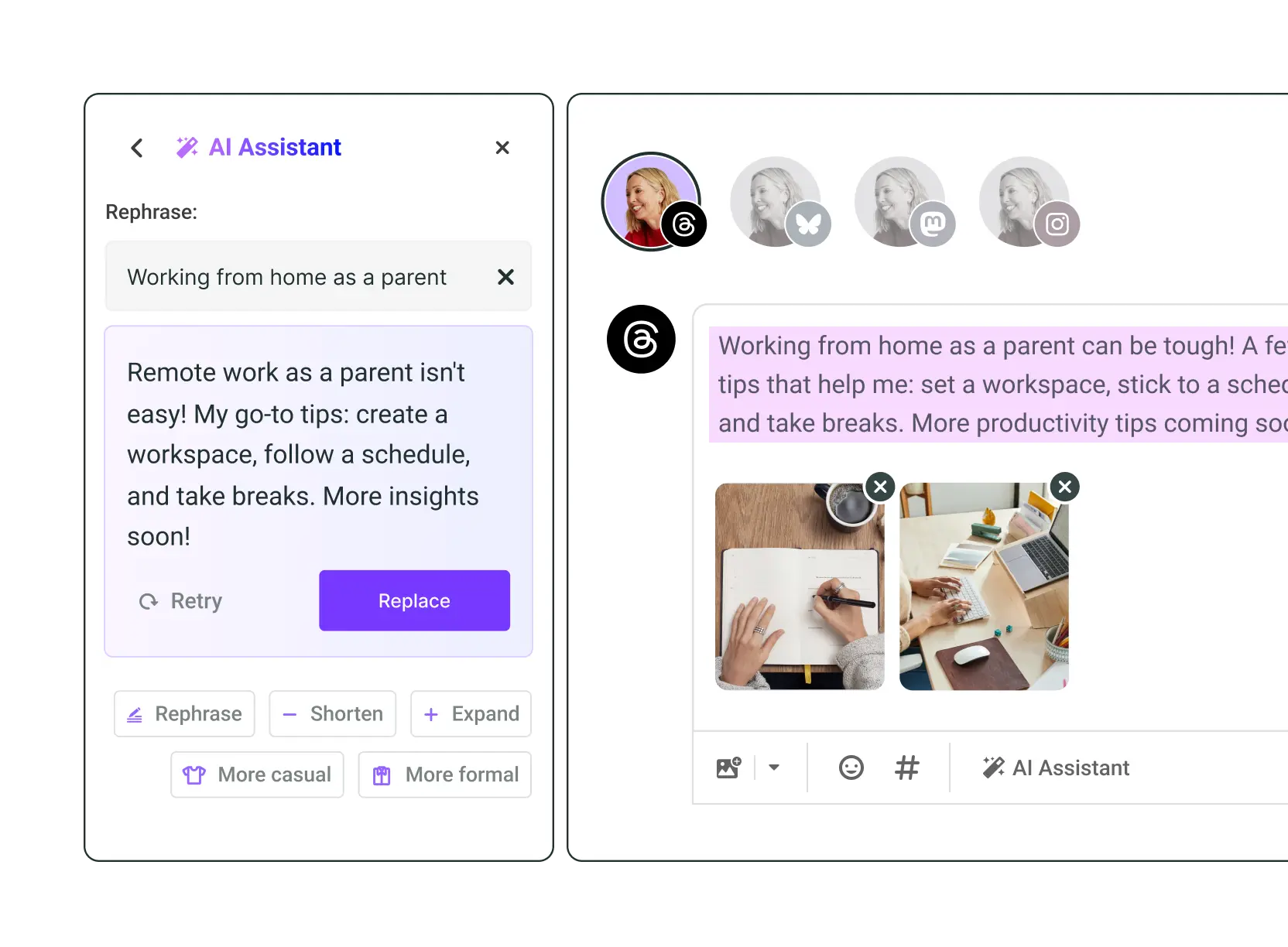 Generatore di post per i social AI Assistant di Buffer con opzioni per generare, riformulare, accorciare, espandere o perfezionare con un tono più informale o più formale.