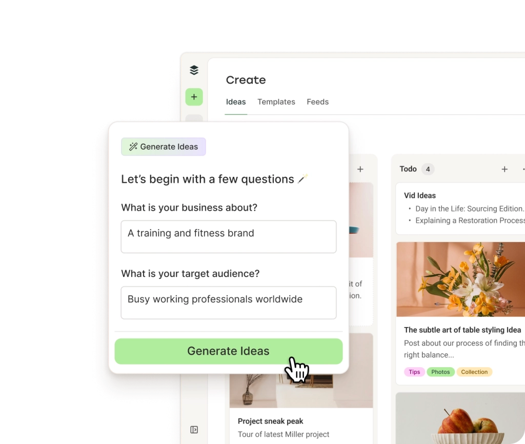 Buffer AI Assistant met tekstgeneratie en opties om content te herformuleren, in te korten, uit te breiden en informeler of formeler te maken.
