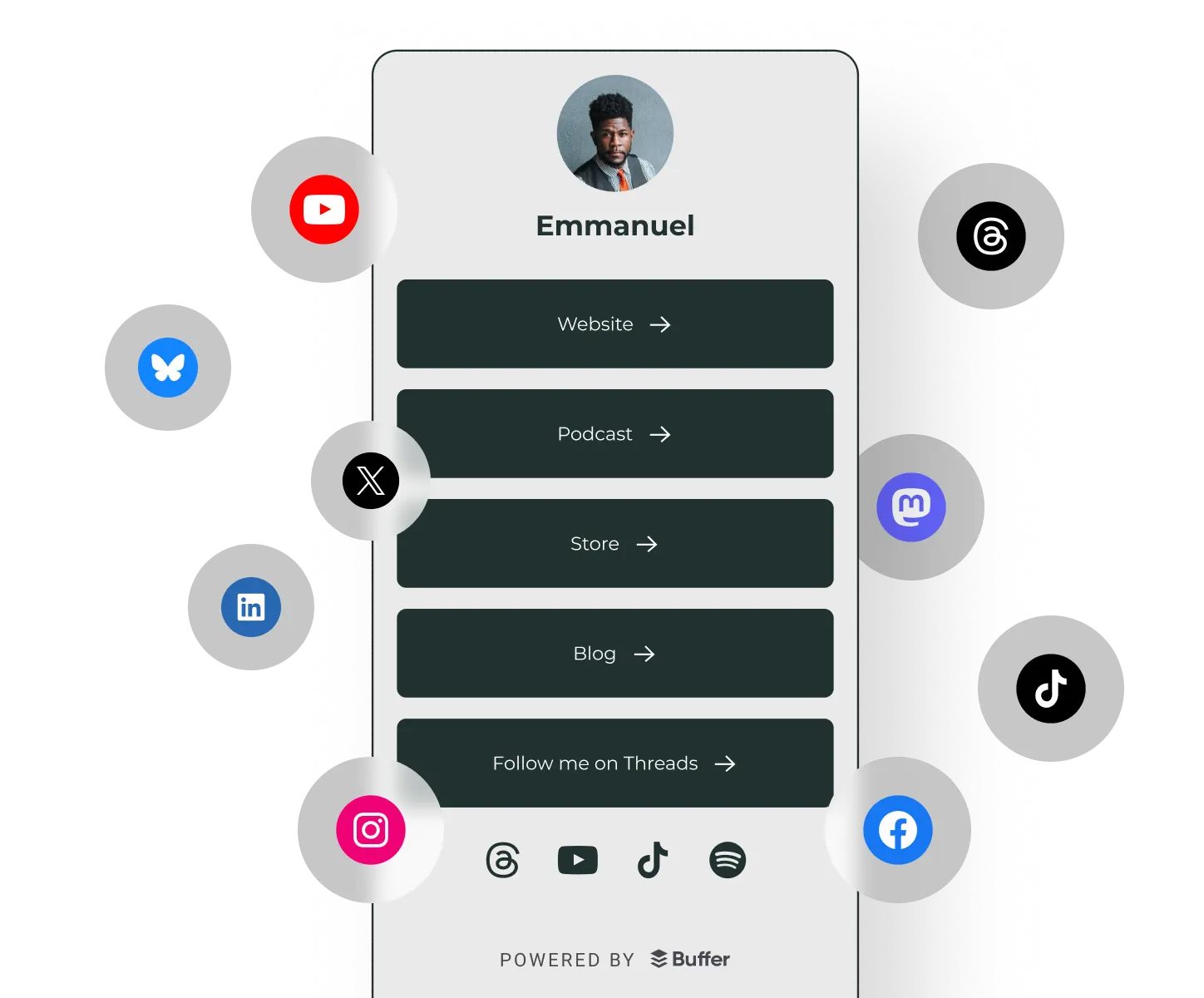 Buffer Start Page-Profil mit Links zu einer persönlichen Website, einem Podcast, Shop, Blog und Social-Media-Kanälen.