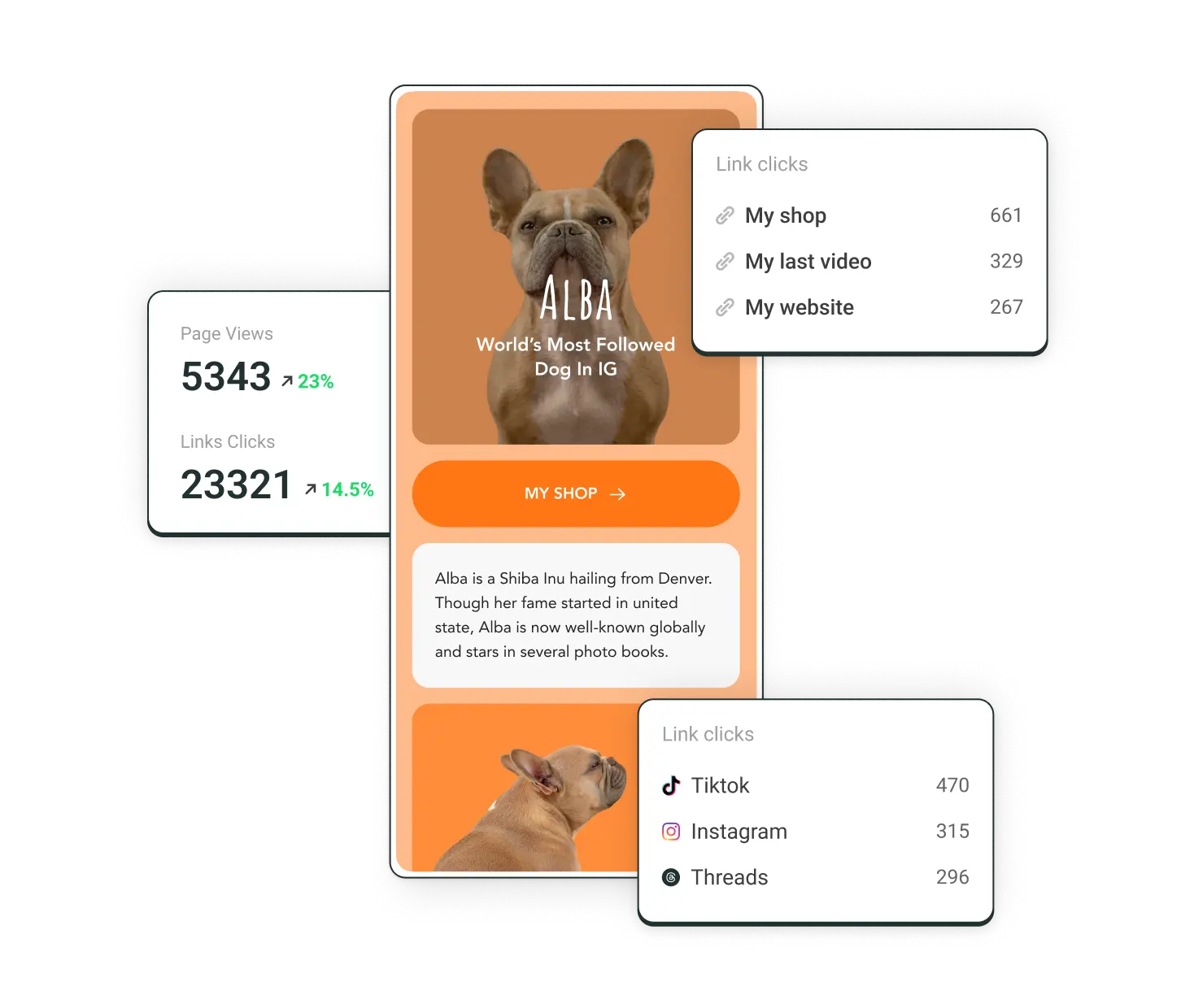 Buffer Start Page mit Analytics zu Seitenaufrufen, Klicks auf eigene Links und Klicks auf Social-Media-Links.