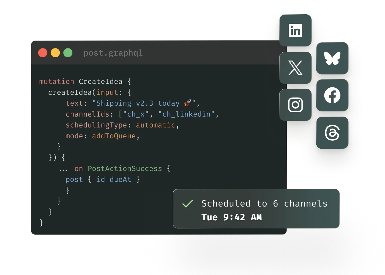 Interfaz de publicación de Buffer integrada en el producto de un desarrollador, con publicaciones programadas en un calendario.