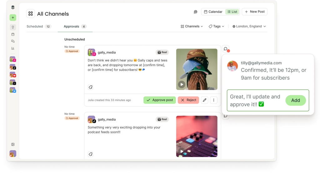 Schermata di approvazione di Buffer con thread di commenti e opzioni per aggiungere alla coda, spostare nelle bozze e modificare.