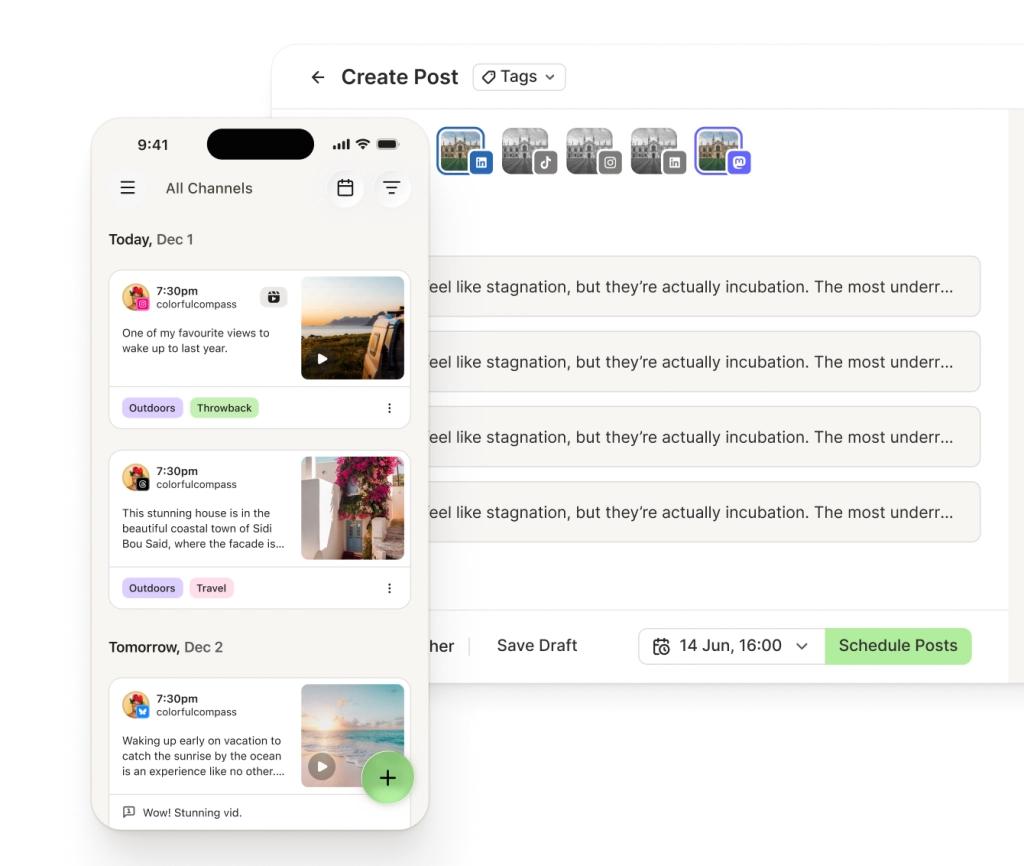 Buffer-postpublicatieweergave met een keuzemenu voor social media kanalen en previews voor elk kanaal.
