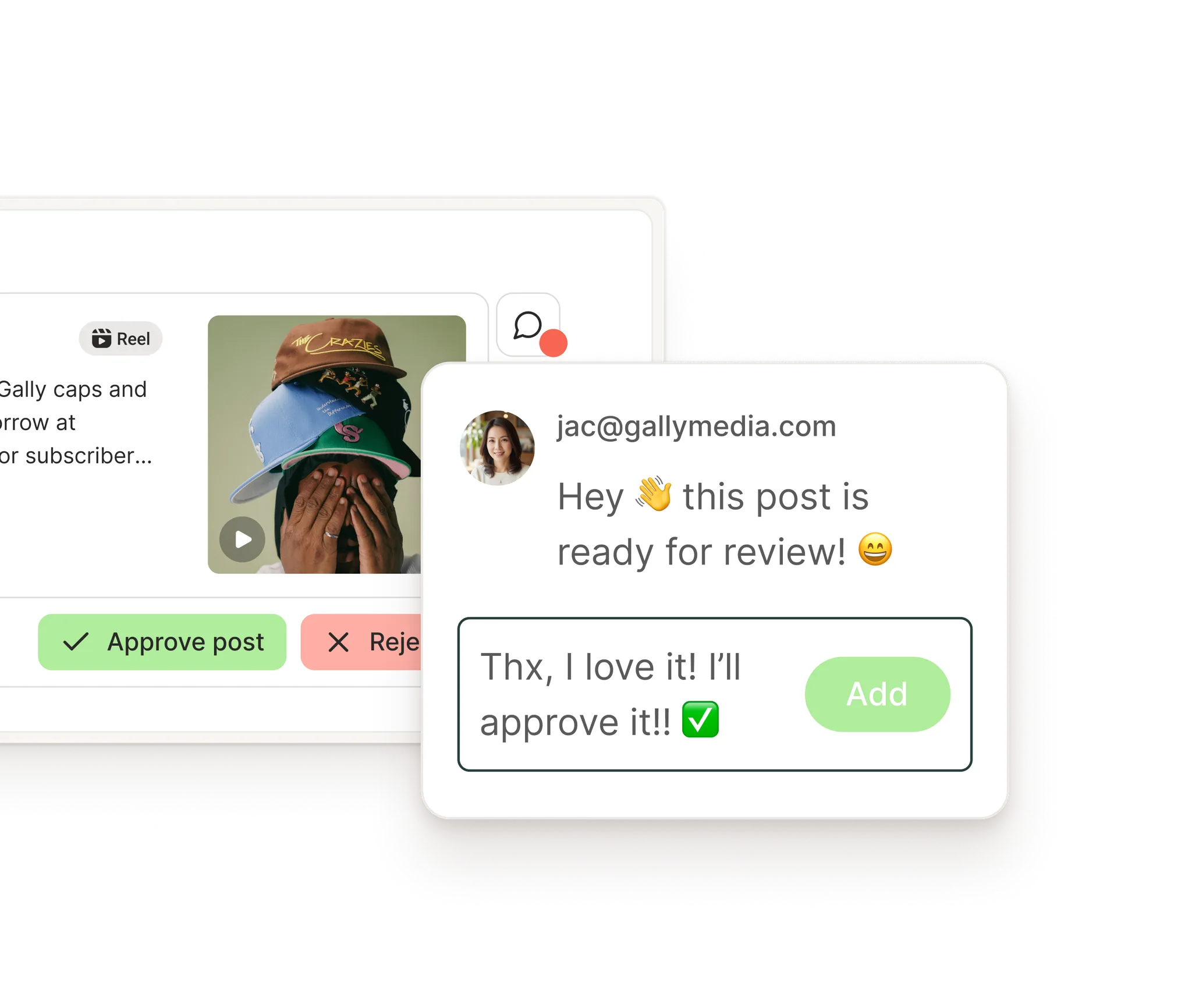 Vista delle approvazioni di Buffer con un thread di commenti e opzioni per approvare o rifiutare un post.