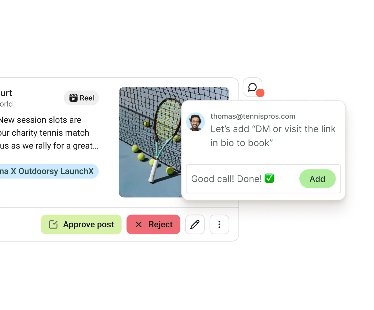 Vista de colaboración de Buffer con hilos de feedback para publicaciones y flujos de aprobación.
