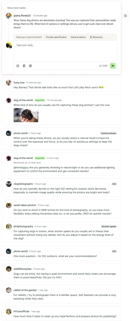 Feed de comentarios con comentarios por canal de redes sociales, respuestas guardadas y respuestas de IA.