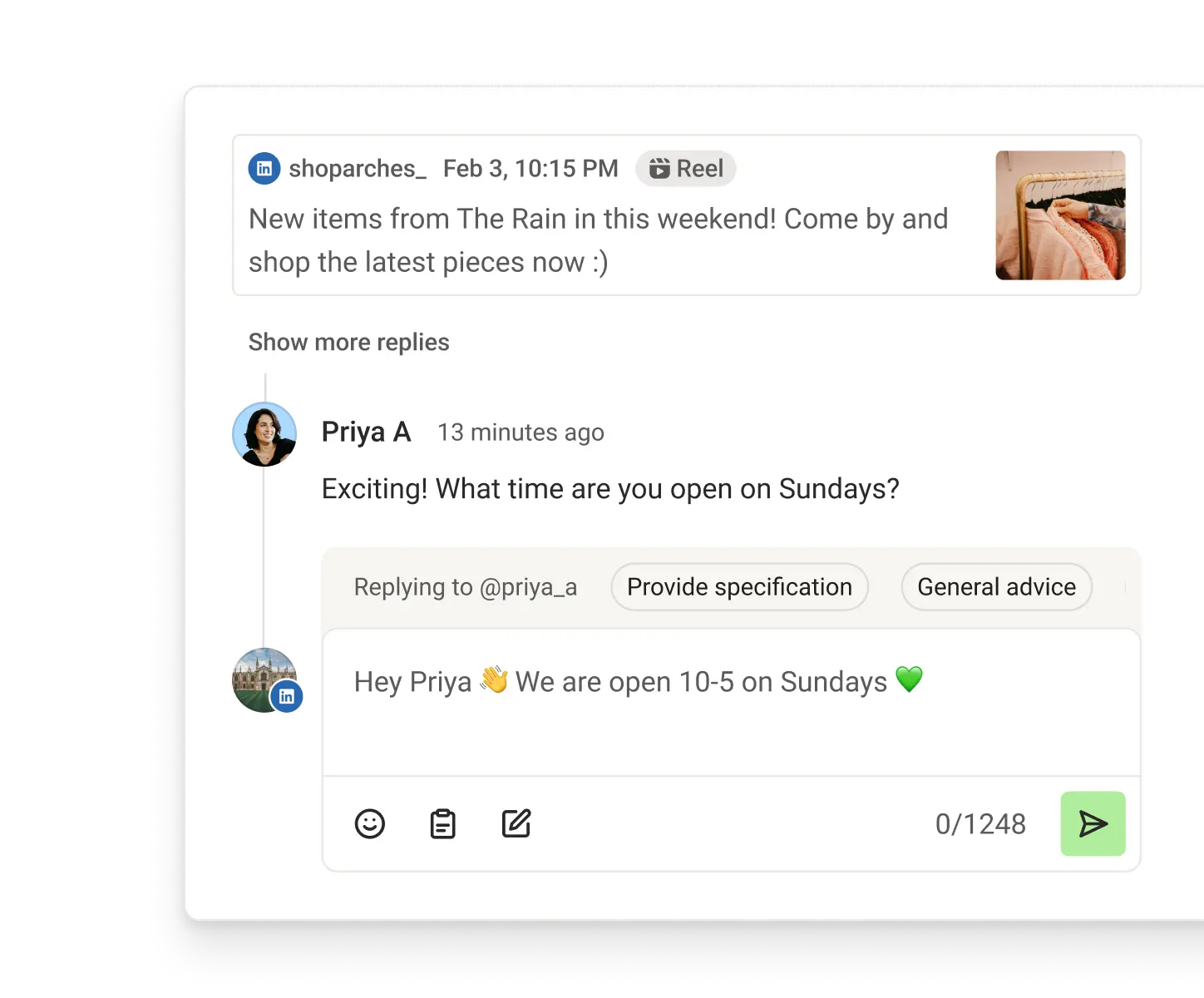 Buffer Community-weergave met recente reacties, voorgestelde antwoorden en comment score-statistieken.