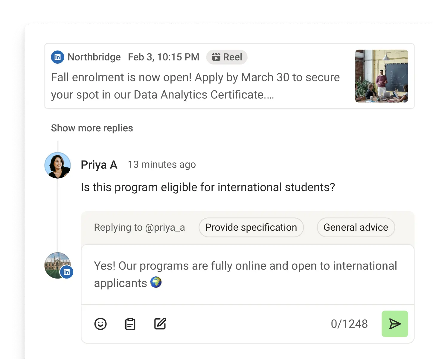 Vista de Comunidad de Buffer con comentarios recientes, respuestas sugeridas y métricas de puntuación de comentarios.