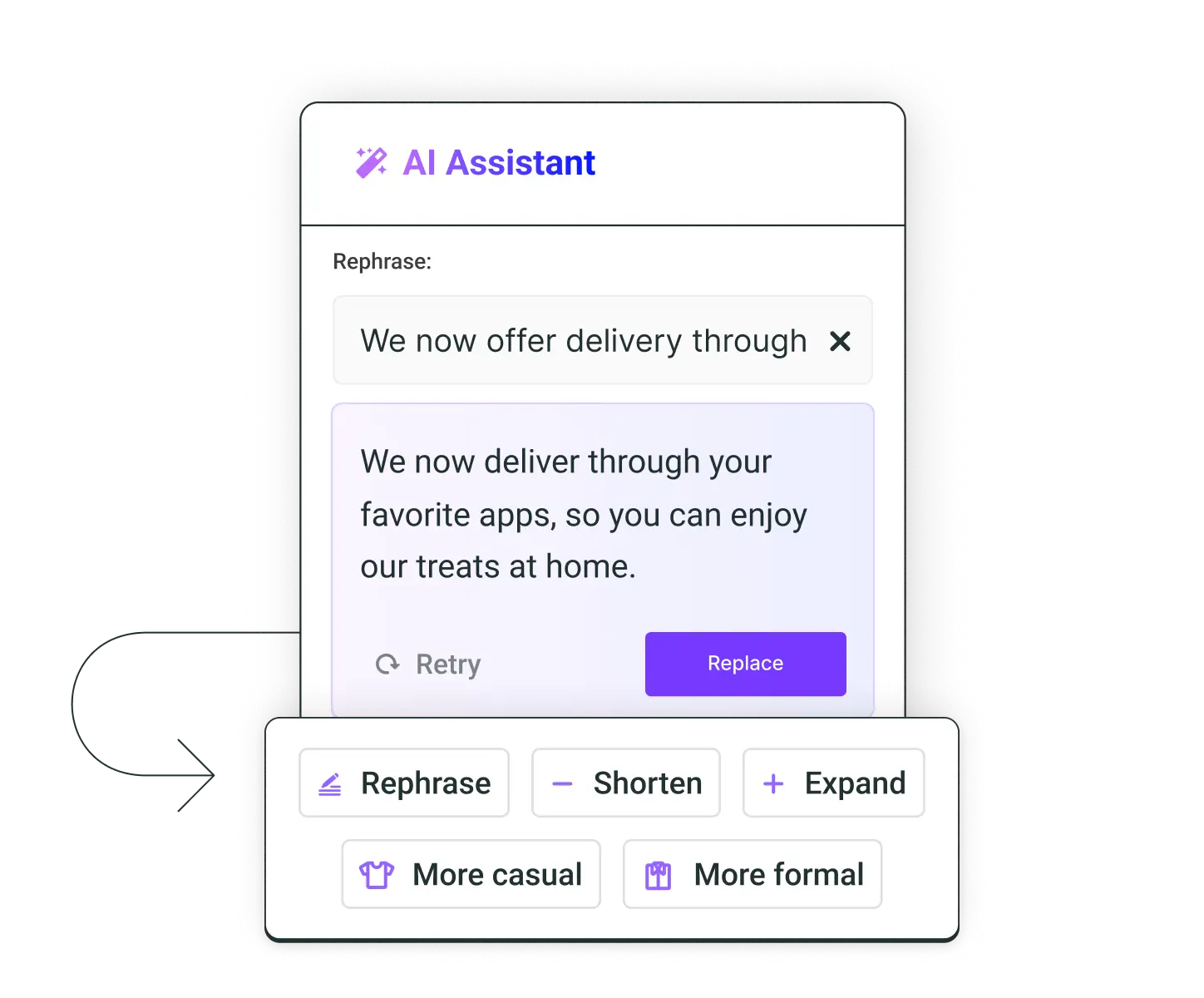 Generatore di post per i social AI Assistant di Buffer con opzioni per riformulare, accorciare, espandere o perfezionare con un tono più informale o più formale.