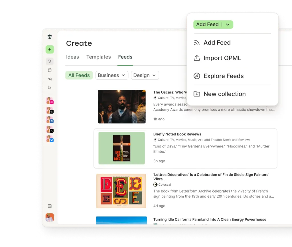 Buffer Create: Ansicht mit Textbearbeitung, Optionen zum Hochladen von Bildern und Medien-Integrationen inklusive RSS-Feed-Abos.