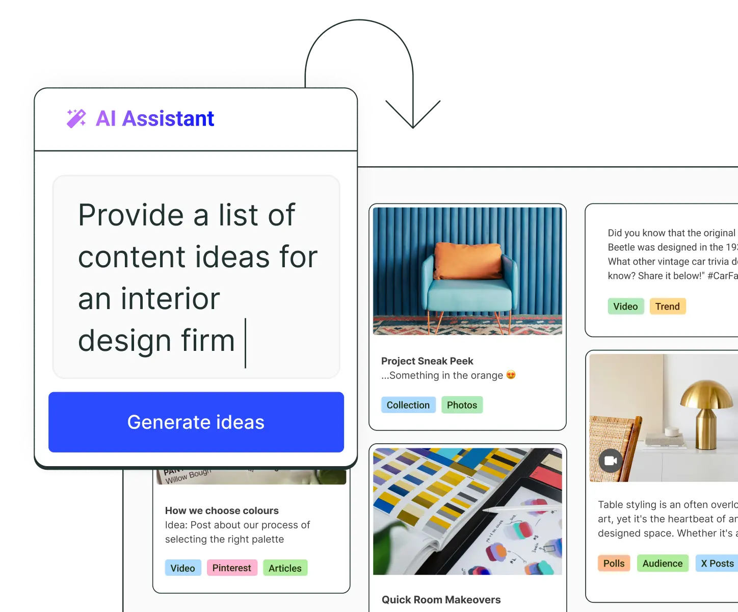 Bacheca delle idee di Buffer con un AI Assistant per generare nuove idee per i post.