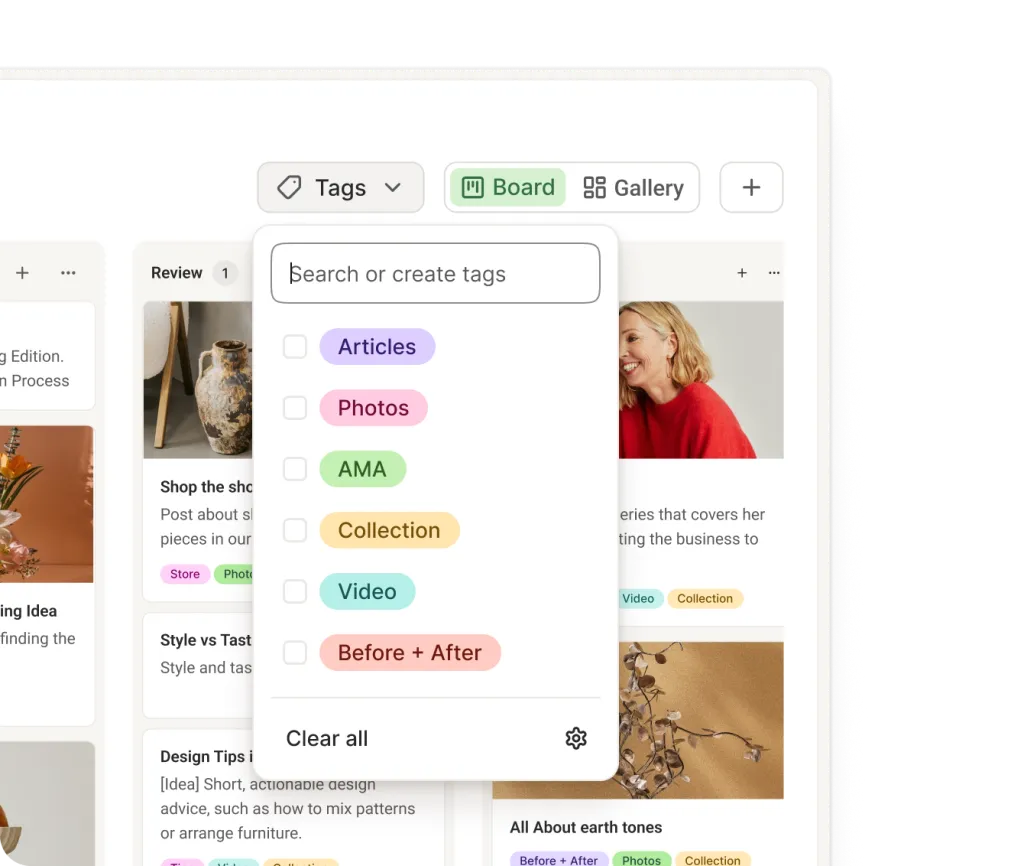 Buffer-Tag-Verwaltung mit einem Dropdown zum Hinzufügen von Tags, inklusive eigener Tags und Farben.