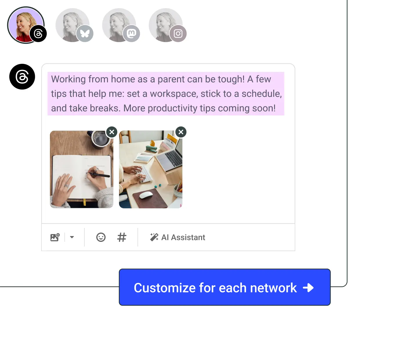 Editor dei post di Buffer con un'opzione AI Assistant per personalizzare il post per ogni social.