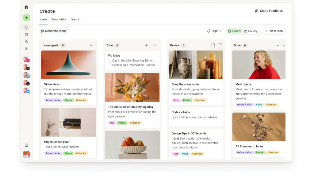 Buffer Create: Bereich mit einer Galerieansicht von Content-Ideen und einem Kanban-Board.