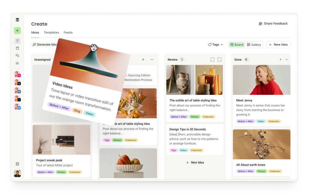 Buffer Create: Bereich zum Organisieren deiner Content-Ideen mit Tags in einer Board- oder Galerieansicht und einem AI Assistant, der Content-Ideen generiert.