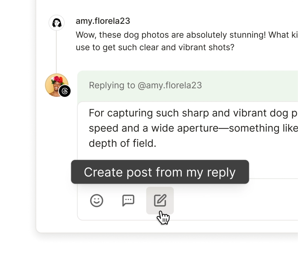 Buffer Community comment reply screen with create post from my reply option.